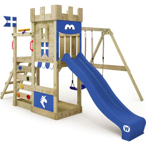 Wickey RoyalFlyer aire de jeu en bois avec balançoire et bac à sable en bleu