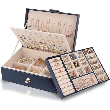 Boîte à bijoux de rangement compatible avec colliers, boucles d'oreilles, bracelets et bagues. Grand modèle en cuir PU bleu, empilable sur 3 niveaux. (1/5)