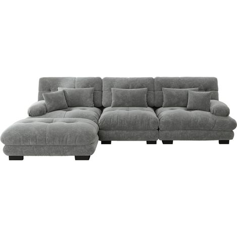 Sofá esquinero modular grande en chenilla gris con otomana (1/5)