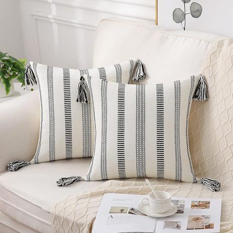 Lot de 2 Housses de Coussin Boho, Tissées avec Franges, 18x18 Pouces, Noir & Crème, Décoration Moderne pour Canapé, Lit, Sofa