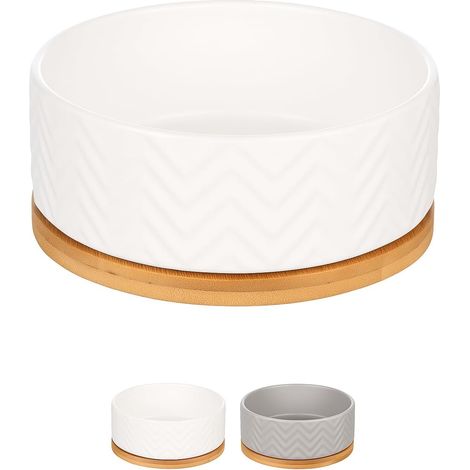 Gamelle pour Chien 990 ML Blanc - Antidérapant - Gamelles en céramique émaillée dans un support en bambou - 16cm x 6cm x 7cm