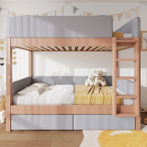 Litera infantil 90x200 cm gris madera y MDF con 2 cajones y escalera recta (1/5)