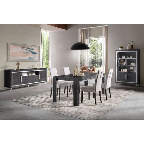 GUEDA - Ensemble Séjour Complet Effet Marbre Anthracite Table 160cm + Buffet et Vitrine avec Leds (1/5)