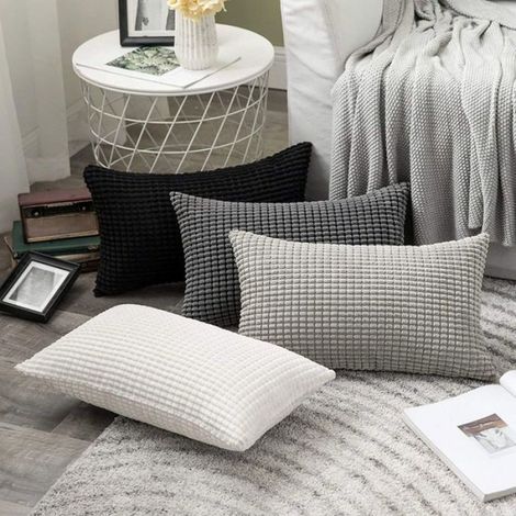 Taie D Oreiller - Velours Côtelé - 50x50 Cm - Blanc - Lot De 2 (1/5)