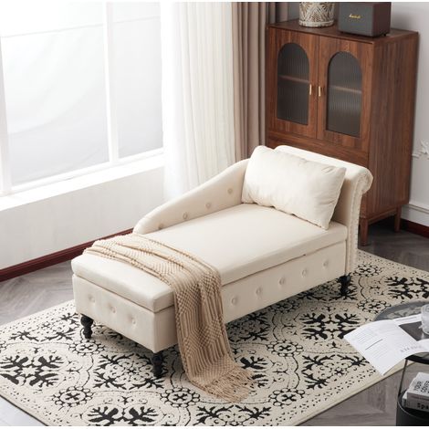 Chaise longue in velluto con cuscini, rivestimento con borchie e impunture a bottone, beige (1/5)