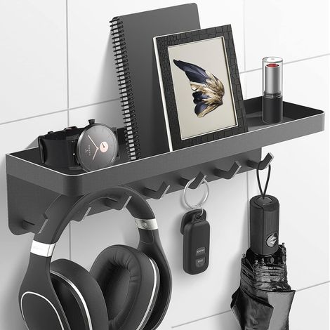 Key board upgrade, modern key holder with shelf and 6 hooks, self-adhesive key storage, key board without drilling, wall mounting for hallway, office, bathroom, kitchen - black (1/5)