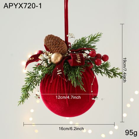 Boule de Noël en mousse recouverte de tissu 12cm 95g rouge et vert avec ruban nœud et décorations dorées (1/2)