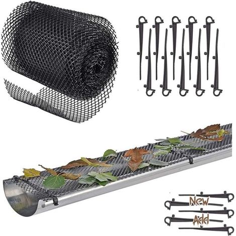 Rete per grondaia robusta di alta qualità [include 12 ganci + 1 griglia 6 m x 15 cm] Protezione del tetto + protezione delle foglie