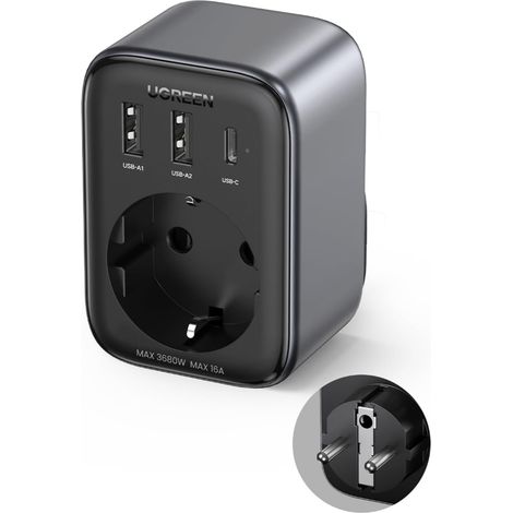 Chargeur mural 2 en 1, adaptateur secteur UE 13 A, 2 ports USB-C 30 W, prise UE, noir (1/10)