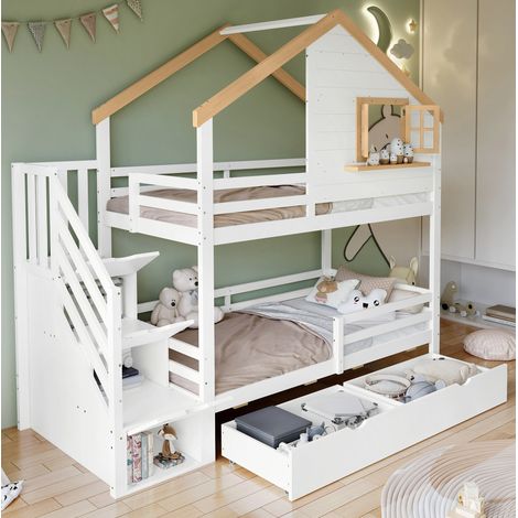 Litera infantil 90x200 cm de pino y MDF blanco/natural con almacenaje, sin colchón – MEUBLIV (1/5)