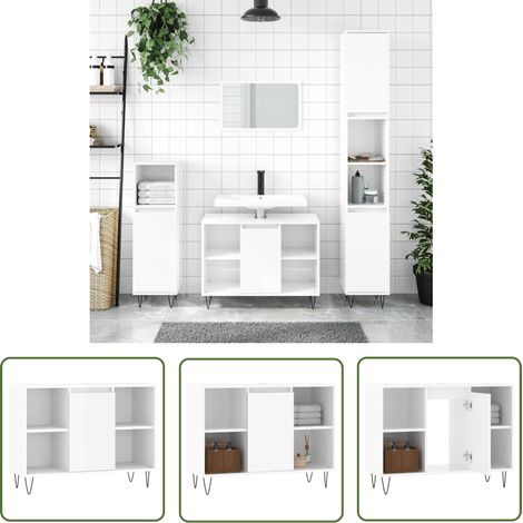 The Living Store Badschrank Hochglanz-Weiß 80x33x60 cm Holzwerkstoff - Badeschrank - Holzwerkstoff - Weißer Badschrank - Badezimmermöbel - Spiegelschrank (1/5)