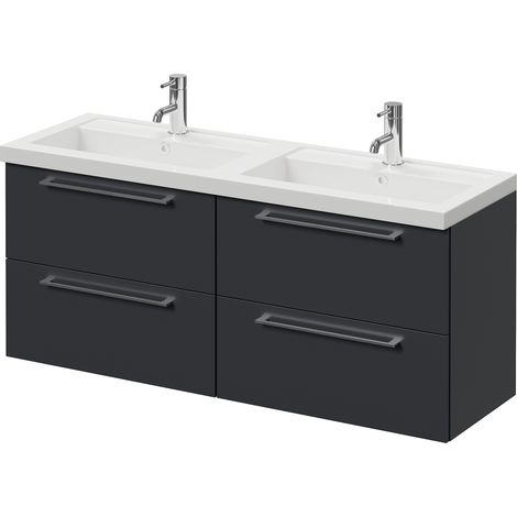 Napoli 390 Gloss Grey 1200mm Wall Mounted 4 Drawer Vanity Unit with Double Lucia Basins - 1200mm - Chrome 320mm Handle