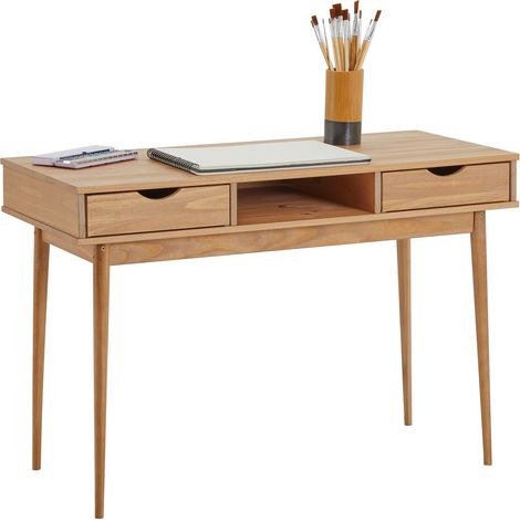 Idimex – Bureau droit en pin massif brun – 2 tiroirs et niche intégrée – Dimensions 75 x 110 x 50 cm – Design élégant et stable (1/4)