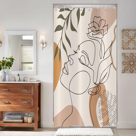 Rideau de Douche Beige 120x180 cm Style Boho, Art Abstrait Moderne Fille Visage Fleur Feuilles Vertes Lavables Textile Rideau Douche imperméable pour Baignoire avec 8 Crochets (1/5)