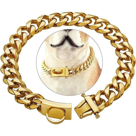 Collier doré pour chien avec boucle de sécurité, collier à maillons en acier inoxydable à mâcher très résistant (doré, 20") (1/5)