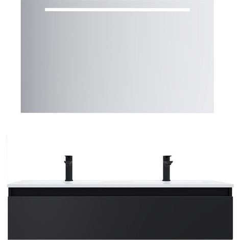 Meuble de salle de bain suspendu double vasque intégrée 120cm 1 tiroir Noir + miroir - Hudson (1/5)