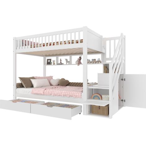 Litera infantil 90x200 cm blanca con escalera de almacenamiento, armario, cajones y estantes, en pino y MDF, ideal para ahorrar espacio  CHICFURN (1/5)