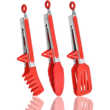 Juego de 3 pinzas de cocina con puntas de silicona, utensilios de cocina de acero inoxidable para un uso seguro y cómodo (1/5)