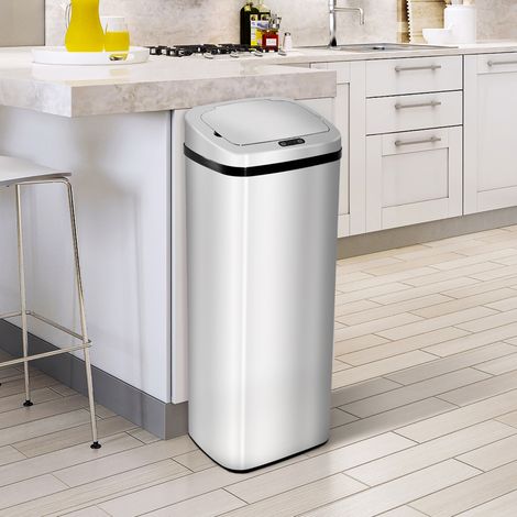 Cubo de basura con sensor 79.5x37x28 cm, apertura sin contacto, 67 L, acero inoxidable, plateado (1/5)