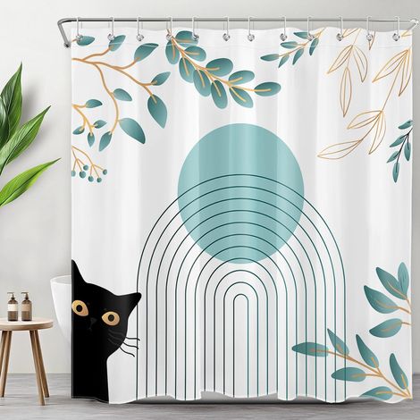 Moderne Milieu du siècle Rideaux de Douche 180x180cm Noir Chat Sarcelle Rayé Feuille Rideaux de Bain avec Crochets,Art Abstrait Imperméable Polyester Anti Moule Salle de Bain Décor (1/5)