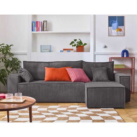 Bestmobilier – Canapé d'angle réversible 4 places convertible – Coffre de rangement – Velours côtelé gris foncé – Dimensions 244x145x83 cm