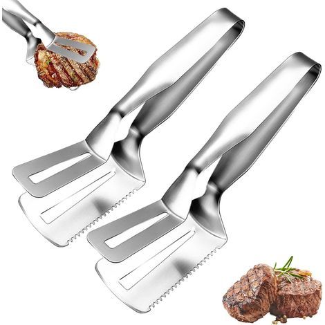Lot de 2 pinces à steak en acier inoxydable, multifonction de qualité alimentaire, pince à pain, pince à barbecue en acier inoxydable, pince à steak dentelée, peut clipser, pelle, peut couper 3 en 1 (1/5)
