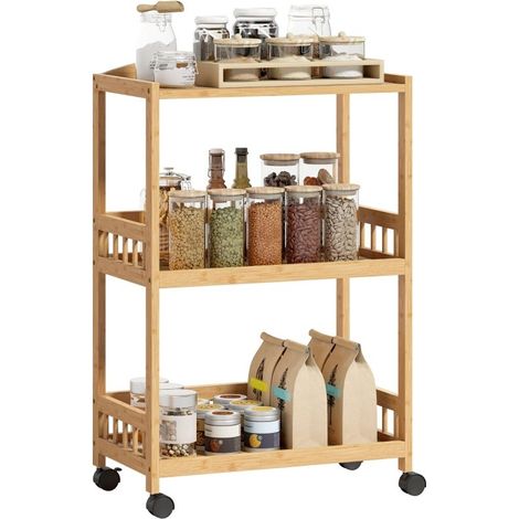Chariot à roulettes 3 niveaux en bois naturel, desserte de rangement modulable pour cuisine, salle de bain et bureau (1/5)