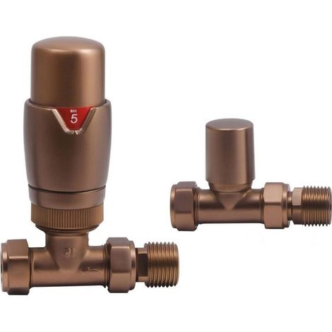 Signature Round Thermostatic Straight Radiator Valves Pair - Brushed Bronze