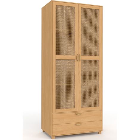 Armoire 2 portes EDHEN bois et cannage penderie 80 cm avec 2 tiroirs et étagères (1/5)