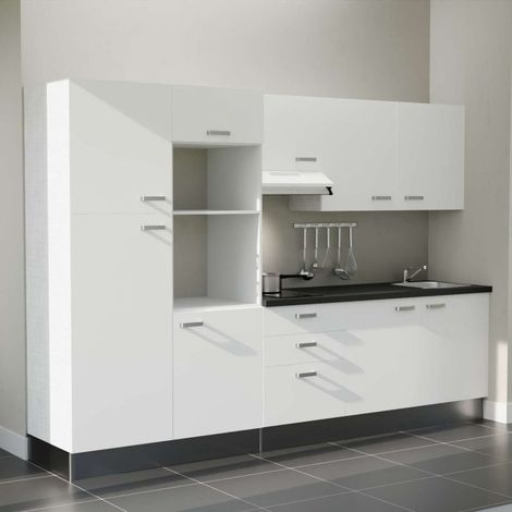 Kochnischen K46L-PT - 300 cm - Laminatplan, spüle Edelstahl, - Weiße Front - strukturierte schwarze Arbeitsplatte - Kredenzen nein + Haushaltsgeräte weiß (1/5)