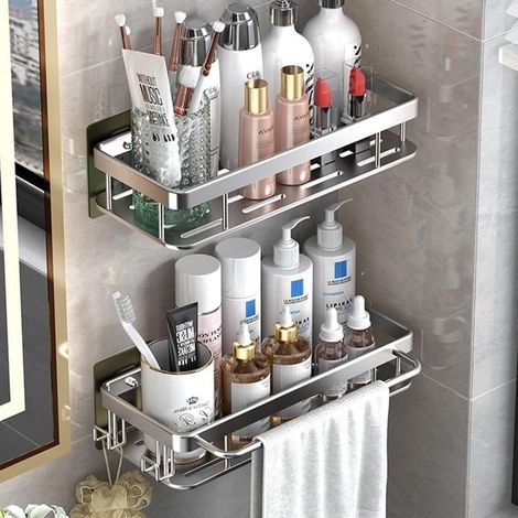 Étagère de douche auto-adhésive en aluminium – 2 paniers et porte-serviettes – Résistante à l'eau – Charge jusqu'à 10 kg – Installation sans perçage (1/5)