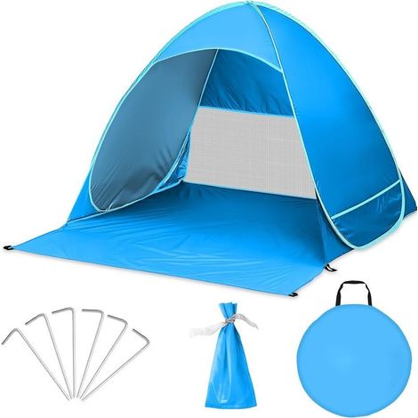 Tienda de playa plegable, protección solar UPF 50+, refugio de playa, cortavientos autodesplegable, toldo con bolsa de transporte y estacas. (1/5)
