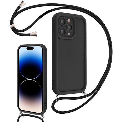 Coque pour iPhone 14 Pro Max 6,7" avec Cordon de Collier Réglable, Etui Protection de la Caméra Silicone Souple TPU Antichoc Housse avec Corde Lanyard Cover pour Femmes Filles, Noir (1/5)