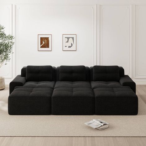 Canapé modulable en velours doux noir, convertible en lit, 3 places avec 3 poufs (1/5)