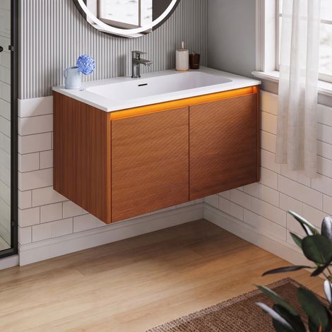 SONNI freistehender Waschtisch mit sensorgesteuerter LED-Beleuchtung, per Knopfdruck zu öffnenden Doppeltüren, Metallbeinen, 790 × 495 × 450 mm, inklusive Waschbecken. (1/5)