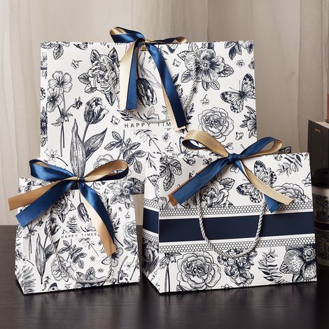 Lot de 4 grands sacs cadeaux bleus (18 x 16 x 10 cm) à motif de roses, avec poignées et rubans. Solides et de haute qualité (1/4)