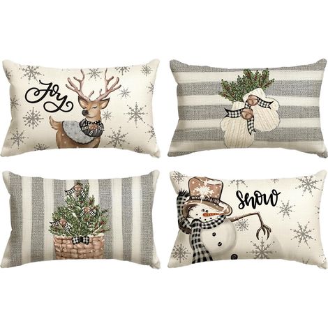 CCYKXA 4er-Set Weihnachtskissenbezüge – Schneemann, Rentier, 30 x 50 cm – Streifen, Handschuhe, Stechpalme, dekorative Weihnachtskissenbezüge für Sofa und Wohnzimmer (1/5)