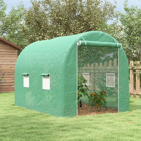 Serre de Jardin Tunnel Surface Sol 6 m² châssis Tubulaire renforcé Porte zippée 4 fenêtres enroulables Vert