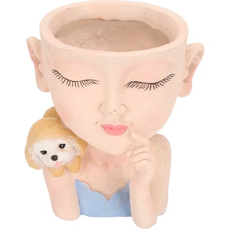 Pot de Fleur Fille et Chien Style Mignon Trou de Drainage Bas Décoratif Résine 12,5x11x14cm Cache-Pot de Bureau (1/5)