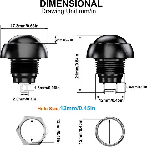 Gebildet 10 Boutons-Poussoirs Momentanés Etanches SPST 12mm, Marche/Arrêt, 3A/3V-5V-9V-12V-24V-230V CA, Mini-Bouton Rond sans Verrouillage pour Trompette de Voiture, Ordinateur (Rouge)