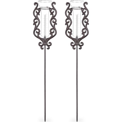 2x Pluviometro da Giardino con Bastone, Paletto per Fissaggio, Misuratore Pioggia, 12 cm, 5 Pollici, Bronzo
