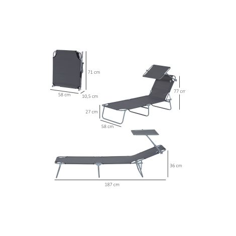 Chaise longue de jardin grise pliable 187 x 58 x 36 cm avec pare-soleil pour plage, terrasse et jardin (1/5)