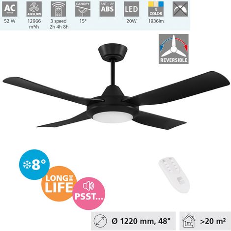 EGLO Deckenventilator Bondi 1, 4 Flügel Ventilator mit Beleuchtung und Fernbedienung, Sommer Winter Betrieb, warmweiß - kaltweiß, dimmbar, ABS Kunststoff, schwarz matt, AC Motor, Ø 122 cm