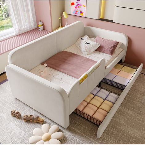 Cama infantil tapizada con barandillas, 90x200 cm, terciopelo blanco, 2 cajones, bolsillos laterales, somier de láminas (1/5)