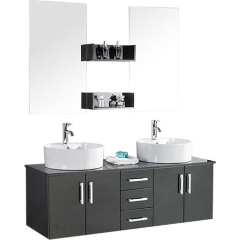 Meuble de salle de bain 150 cm noir avec 2 lavabos en céramique – Double miroir 90x50 cm – 3 tiroirs et 4 portes pour rangement – Eliteshopping (1/5)