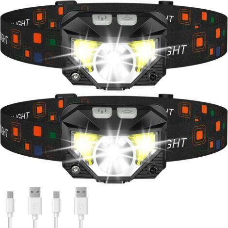 Lampe frontale à capteur haute intensité, noire, rechargeable par 2 ports USB, LED, idéale pour les activités de plein air, la pêche de nuit, étanche. (1/5)