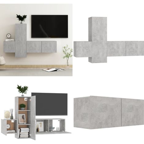 3-tlg. TV-Schrank-Set Betongrau Holzwerkstoff - TV Schrank Set - Wandmontage - Wohnraum Dekoration - Regal - Betongrau - Home & Living (1/5)