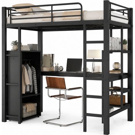 Lit superposé 90x200 cm en métal noir avec bureau, étagères et armoire intégrés, échelle 5 marches, pour enfant et ado, CHICFURN (1/5)