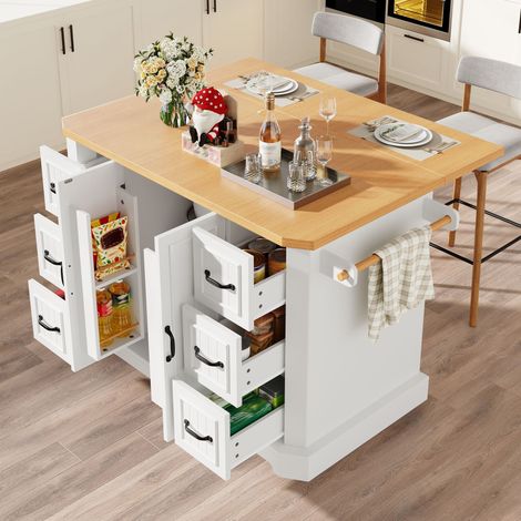 Îlot de cuisine mobile, meuble de cuisine, chariot de cuisine avec 2 portes et 6 tiroirs, roulable, (120 x 45(75)x91 cm), blanc / noir contemporain