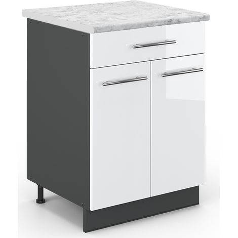 Mobiletto base per cucina Fame-Line, Bianco lucido, 60 cm con cassetto, PL Marmo, Vicco